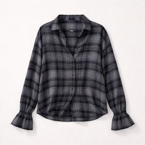 NWOT Madewell Westward Blue Gray Plaid Wool Blend Bell Sleeve Shirt
